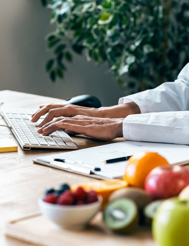 nutritionist-typing Certified Oncology Nutrition Consultant is typing on a keyboard at a desk with fresh fruit on it